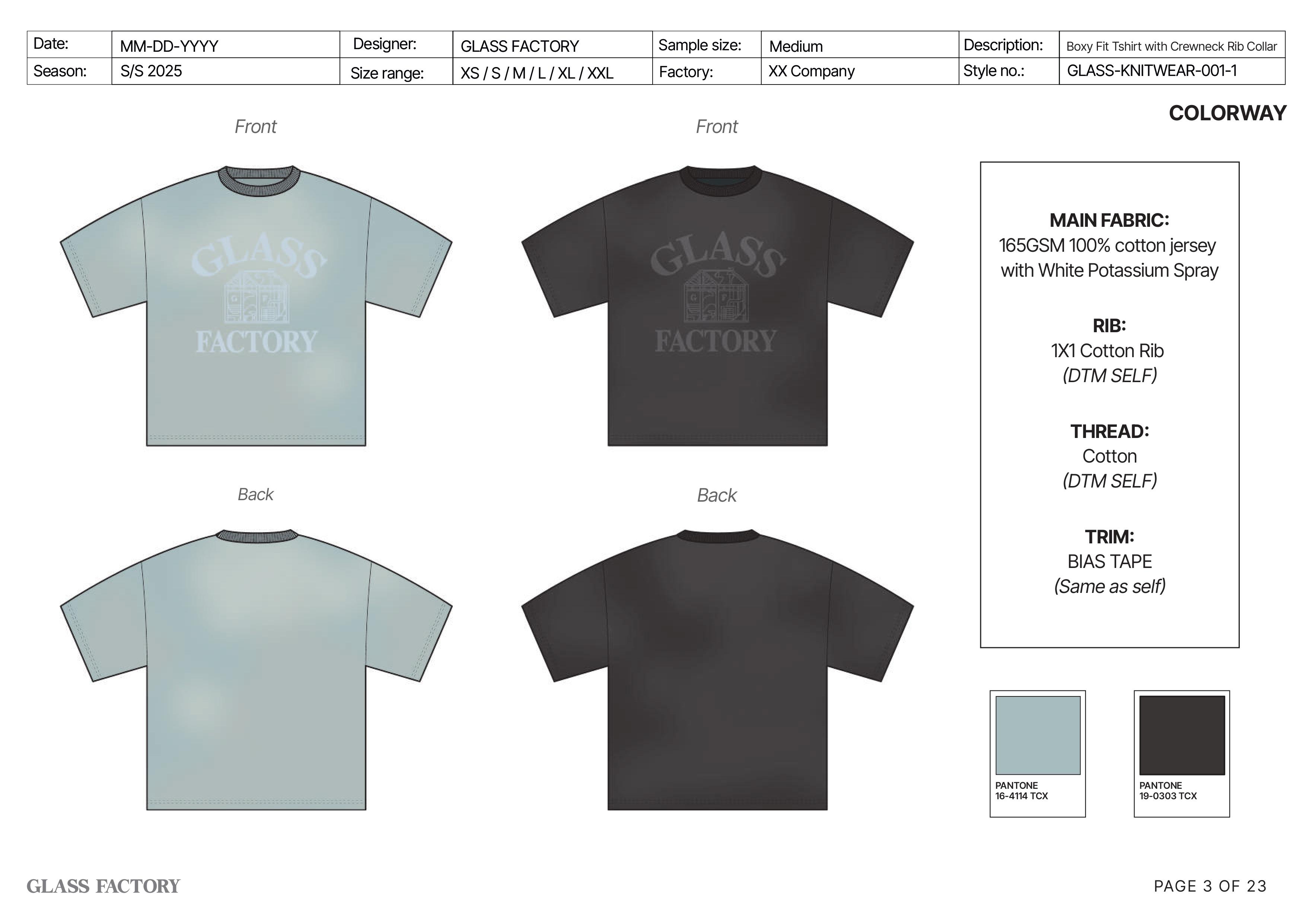 Colorway and fabric overview with colored t-shirt flats