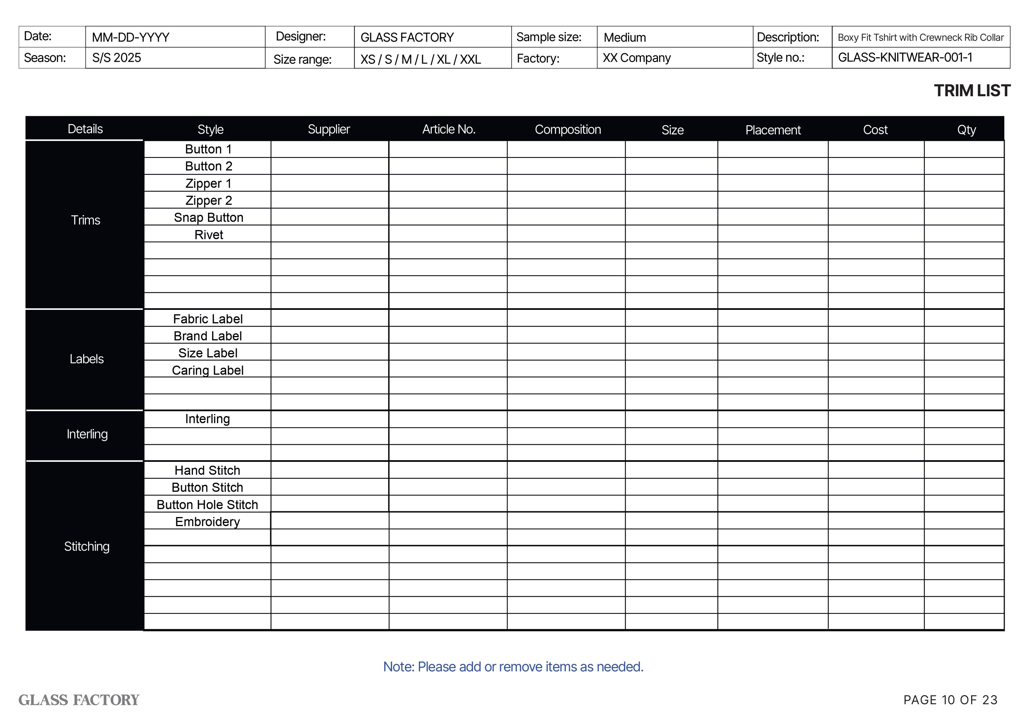 Trim list specifications table