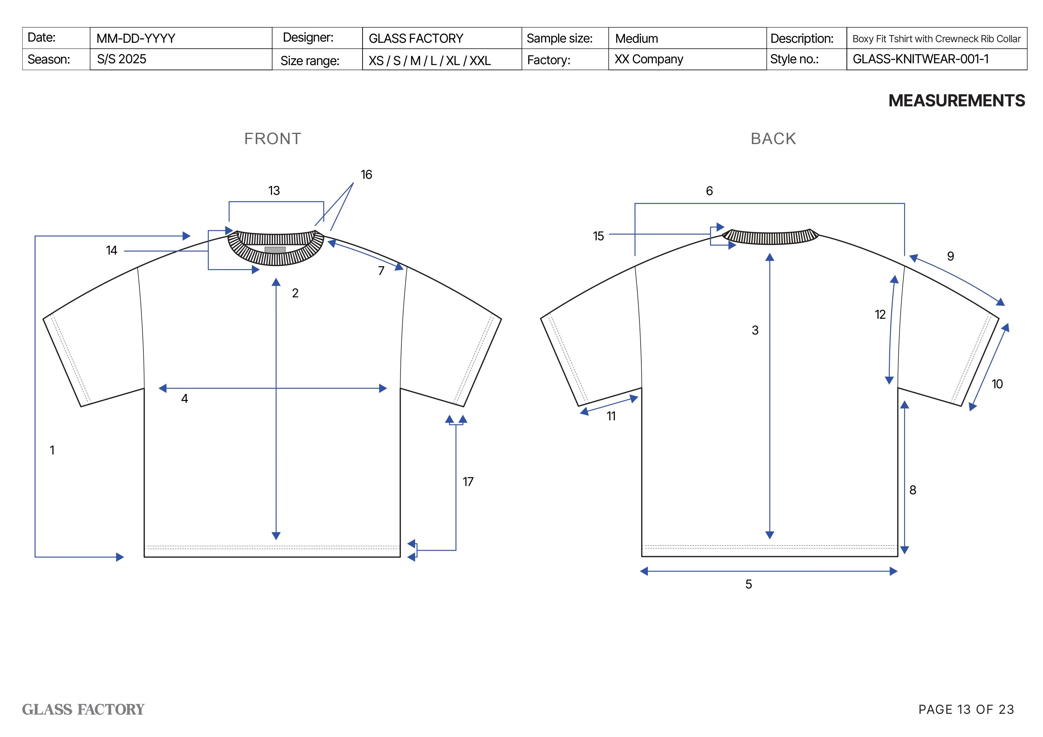 Spec sheet for pattern maker reference